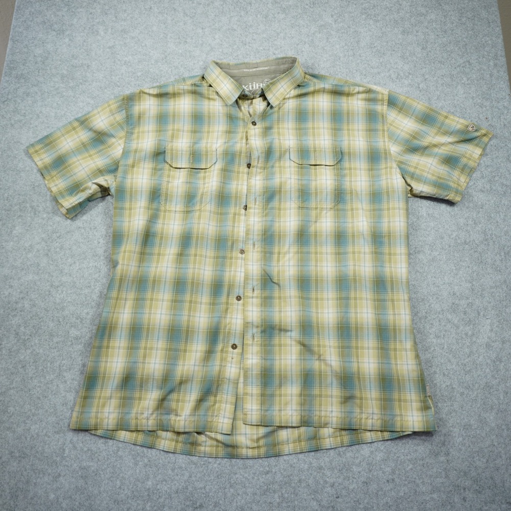 Kuhl Eluxur Men's XXL Green Tan Plaid Short Sleeve Hiking Button Down Shirt